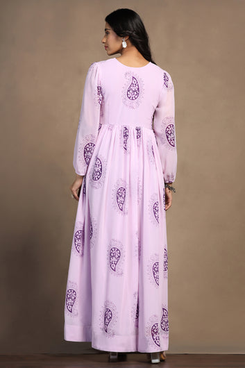 Womens Light Pink Georgette Floral Printed A-Line Maxi Length Dress