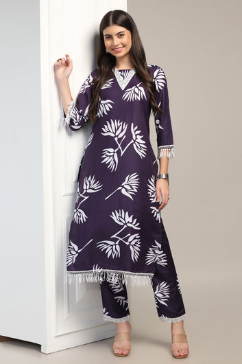 Womens Navy Blue Muslin Floral Printed Calf Length Kurta With Trouser Set