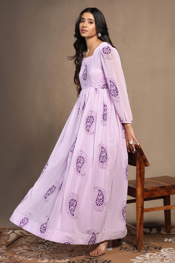 Womens Light Pink Georgette Floral Printed A-Line Maxi Length Dress