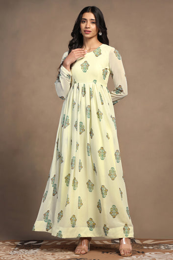 Womens Light Yellow Georgette Floral Printed A-Line Maxi Length Dress