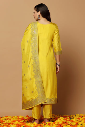 Women's Yellow Jacquard Kurta, Pant With Dupatta Set