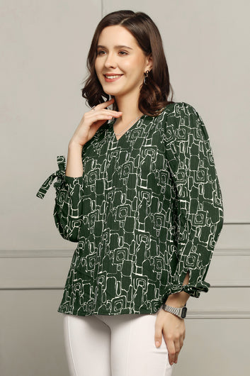 Womens Bottle Green Cotton Blend Abstract Printed Regular Style Hip Length Top