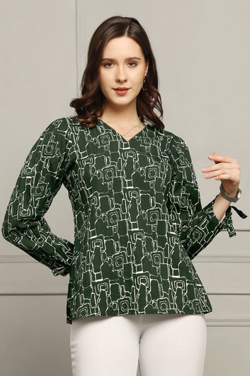 Womens Bottle Green Cotton Blend Abstract Printed Regular Style Hip Length Top