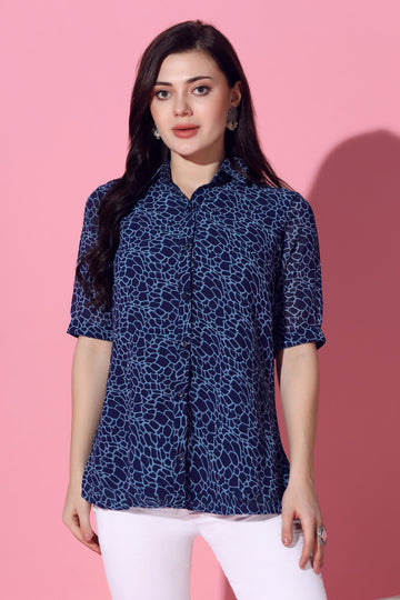 Womens Blue Animal Printed Georgette Top