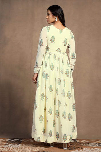 Womens Light Yellow Georgette Floral Printed A-Line Maxi Length Dress