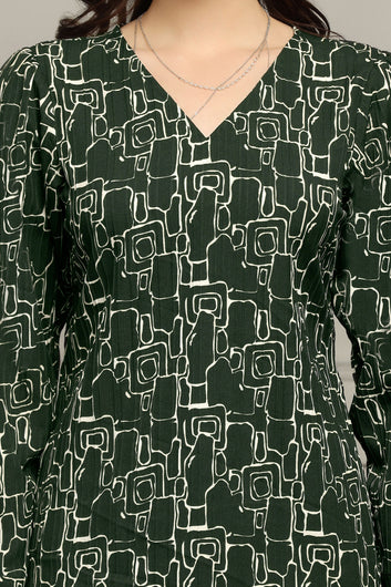 Womens Bottle Green Cotton Blend Abstract Printed Regular Style Hip Length Top