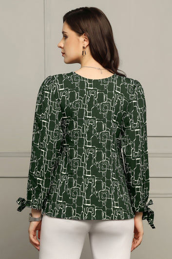 Womens Bottle Green Cotton Blend Abstract Printed Regular Style Hip Length Top