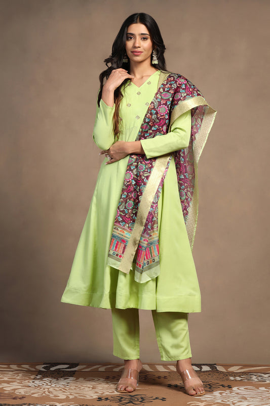 Womens Pista Cotton Blend A line Emboidered Kurta And Pant With Dupatta Set