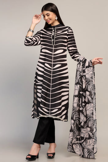 Womens Black Cotton Blend Printed Ankle Length Straight Kurta And Trouser With Dupatta Set