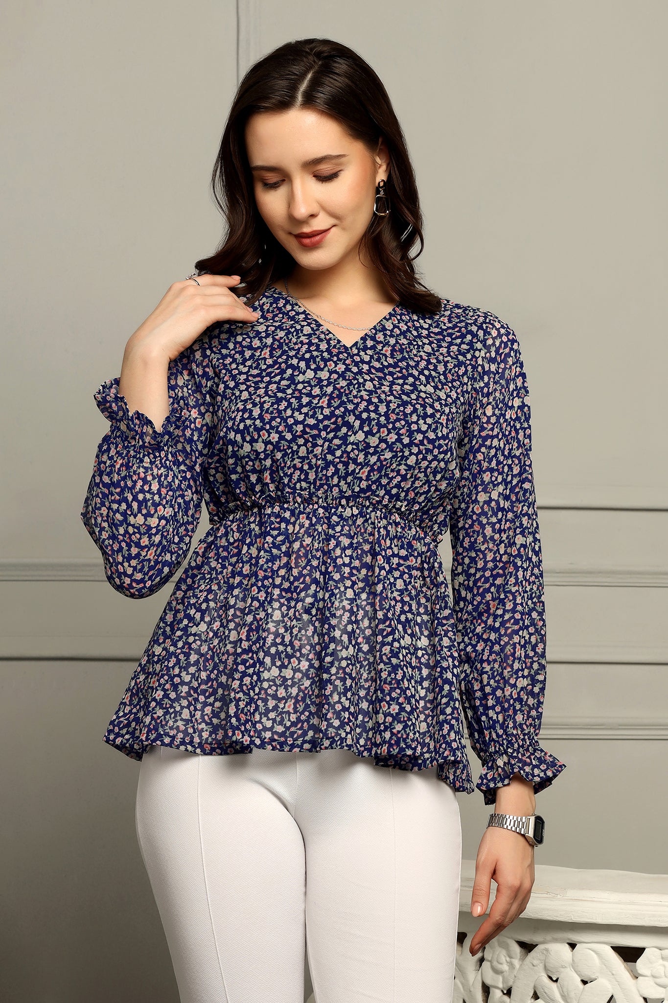 Womens Blue Floral printed Georgette Casual Top