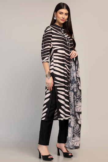 Womens Black Cotton Blend Printed Ankle Length Straight Kurta And Trouser With Dupatta Set