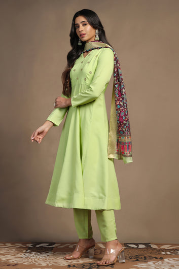 Womens Pista Cotton Blend A line Emboidered Kurta And Pant With Dupatta Set