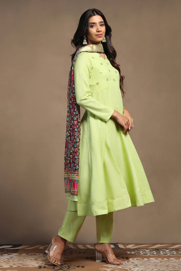 Womens Pista Cotton Blend A line Emboidered Kurta And Pant With Dupatta Set