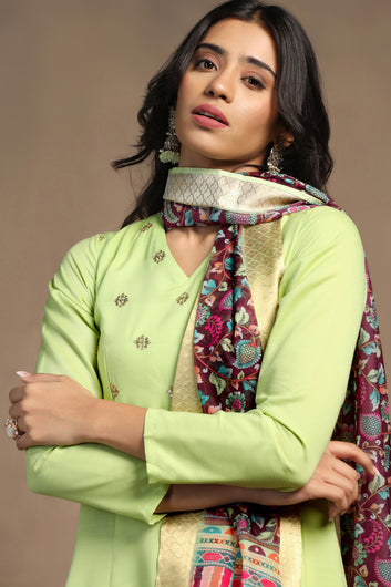 Womens Pista Cotton Blend A line Emboidered Kurta And Pant With Dupatta Set