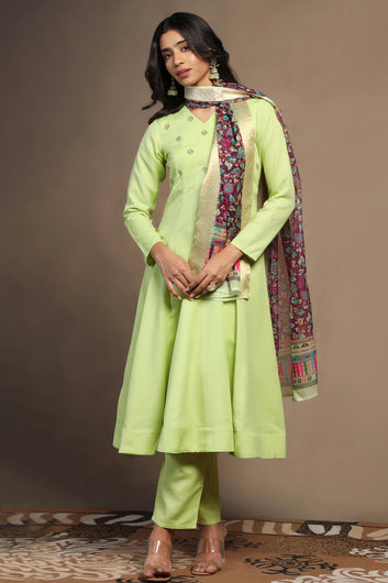 Womens Pista Cotton Blend A line Emboidered Kurta And Pant With Dupatta Set