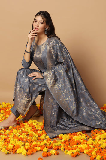 Women's Grey Dola Silk Jacquard Work Kurta Set With Dupatta