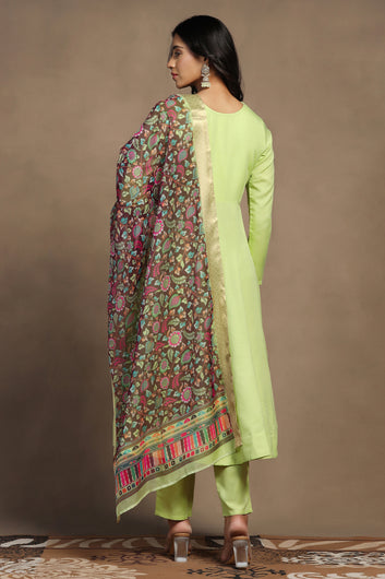 Womens Pista Cotton Blend A line Emboidered Kurta And Pant With Dupatta Set