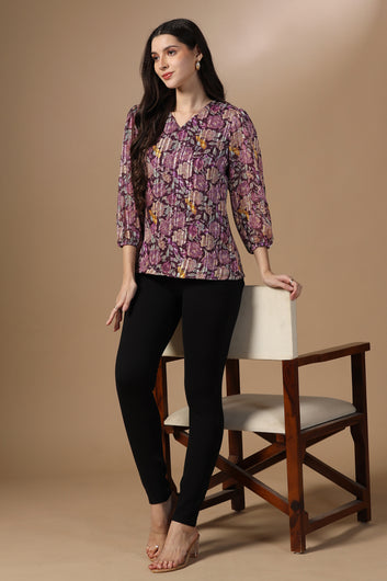 Womens Wine Georgette Floral Printed Hip Length Top