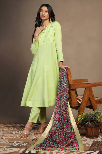 Womens Pista Cotton Blend A line Emboidered Kurta And Pant With Dupatta Set