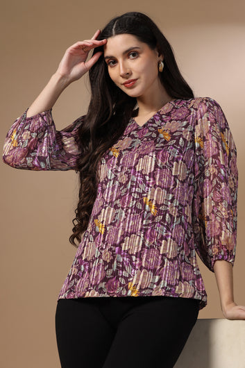 Womens Wine Georgette Floral Printed Hip Length Top