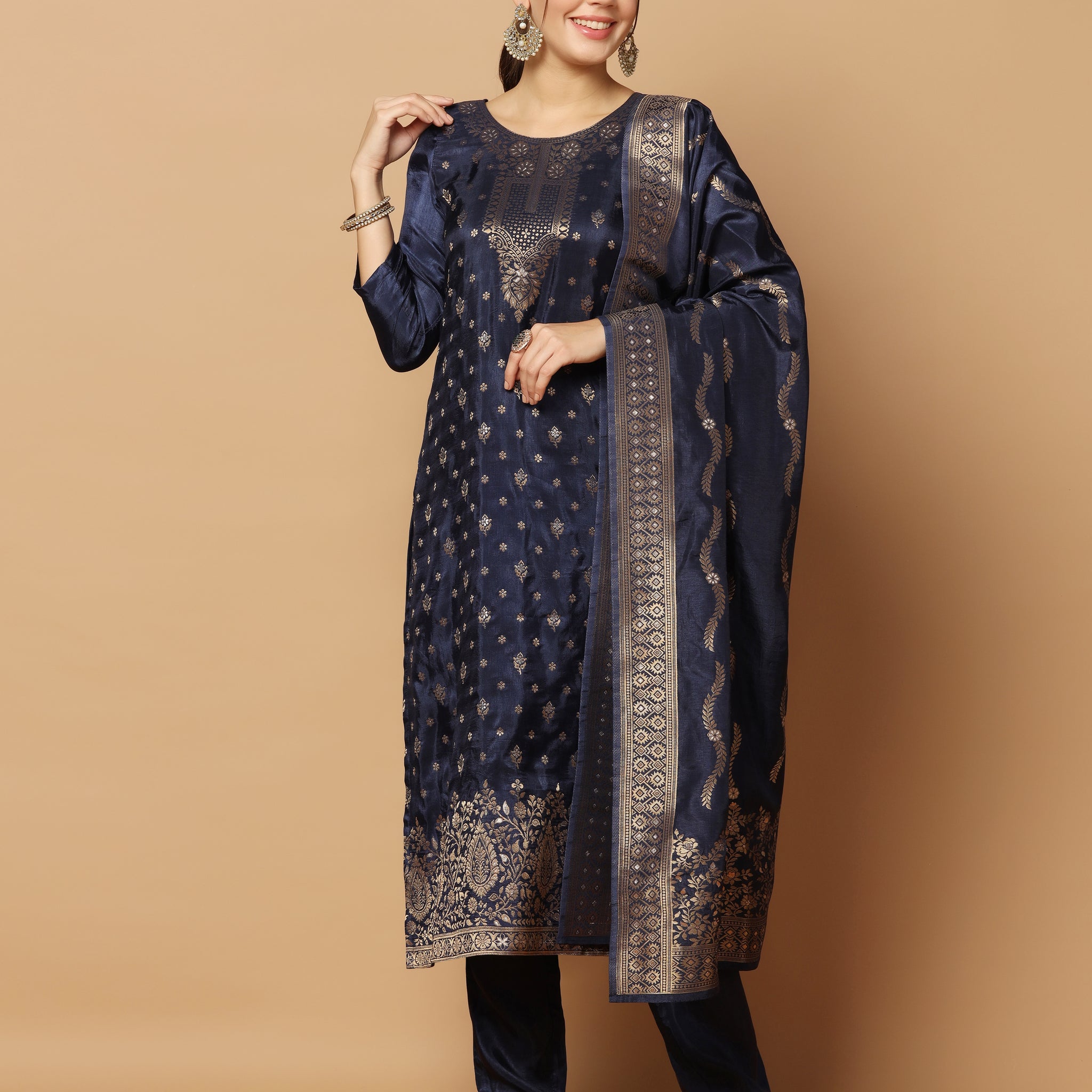 Women's Dark Blue Dola Silk Jacquard Work Kurta Set With Dupatta