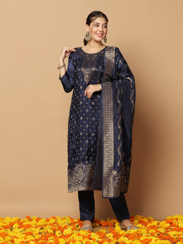 Women's Dark Blue Dola Silk Jacquard Work Kurta Set With Dupatta