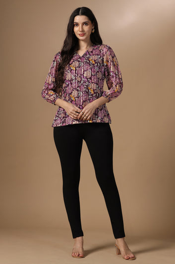 Womens Wine Georgette Floral Printed Hip Length Top