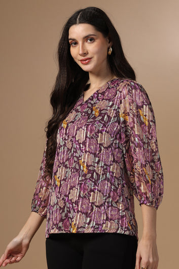 Womens Wine Georgette Floral Printed Hip Length Top