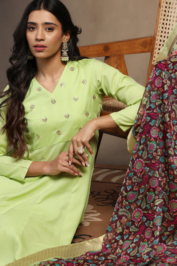 Womens Pista Cotton Blend A line Emboidered Kurta And Pant With Dupatta Set