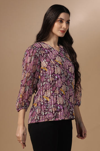 Womens Wine Georgette Floral Printed Hip Length Top