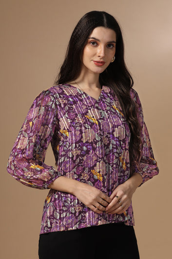 Womens Wine Georgette Floral Printed Hip Length Top