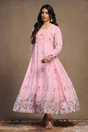 Womens Powder Pink Organza Floral Printed Maxi Length Anarkali Kurta And Trouser With Dupatta Set