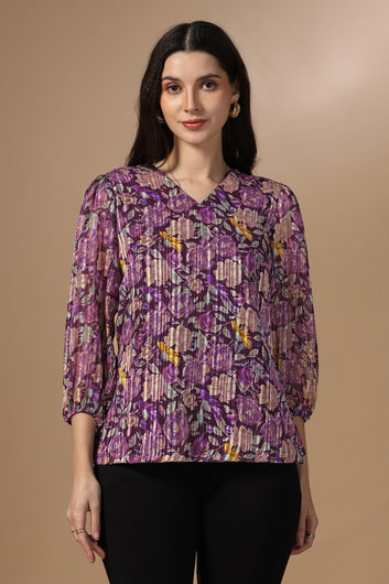 Womens Wine Georgette Floral Printed Hip Length Top