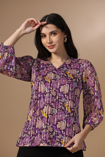 Womens Wine Georgette Floral Printed Hip Length Top