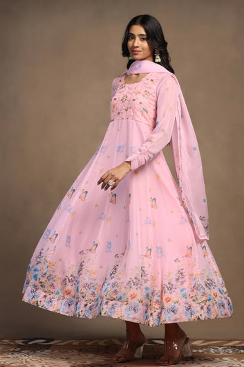 Womens Powder Pink Organza Floral Printed Maxi Length Anarkali Kurta And Trouser With Dupatta Set