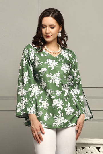 Womens Green Micro Floral Printed A-line Top