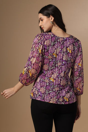 Womens Wine Georgette Floral Printed Hip Length Top