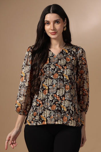 Womens Black Georgette Floral Printed Hip Length Top