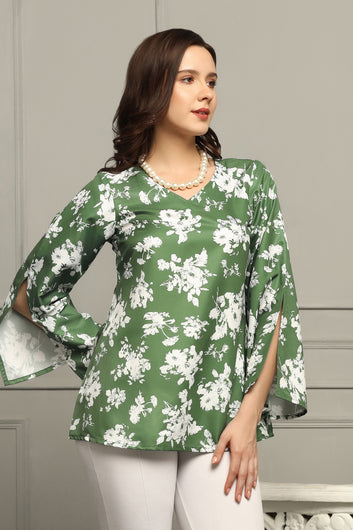 Womens Green Micro Floral Printed A-line Top