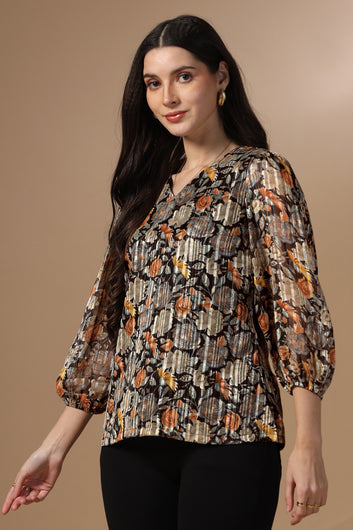 Womens Black Georgette Floral Printed Hip Length Top