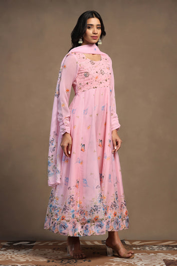 Womens Powder Pink Organza Floral Printed Maxi Length Anarkali Kurta And Trouser With Dupatta Set