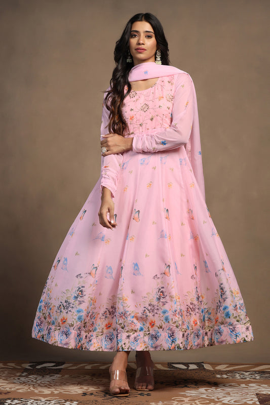 Womens Powder Pink Organza Floral Printed Maxi Length Anarkali Kurta And Trouser With Dupatta Set