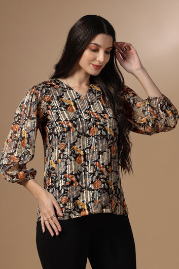 Womens Black Georgette Floral Printed Hip Length Top