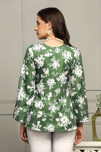 Womens Green Micro Floral Printed A-line Top