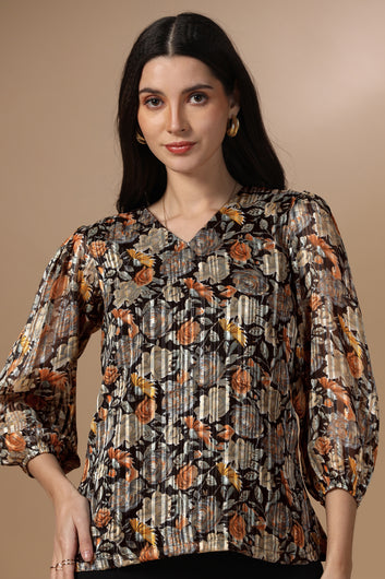 Womens Black Georgette Floral Printed Hip Length Top