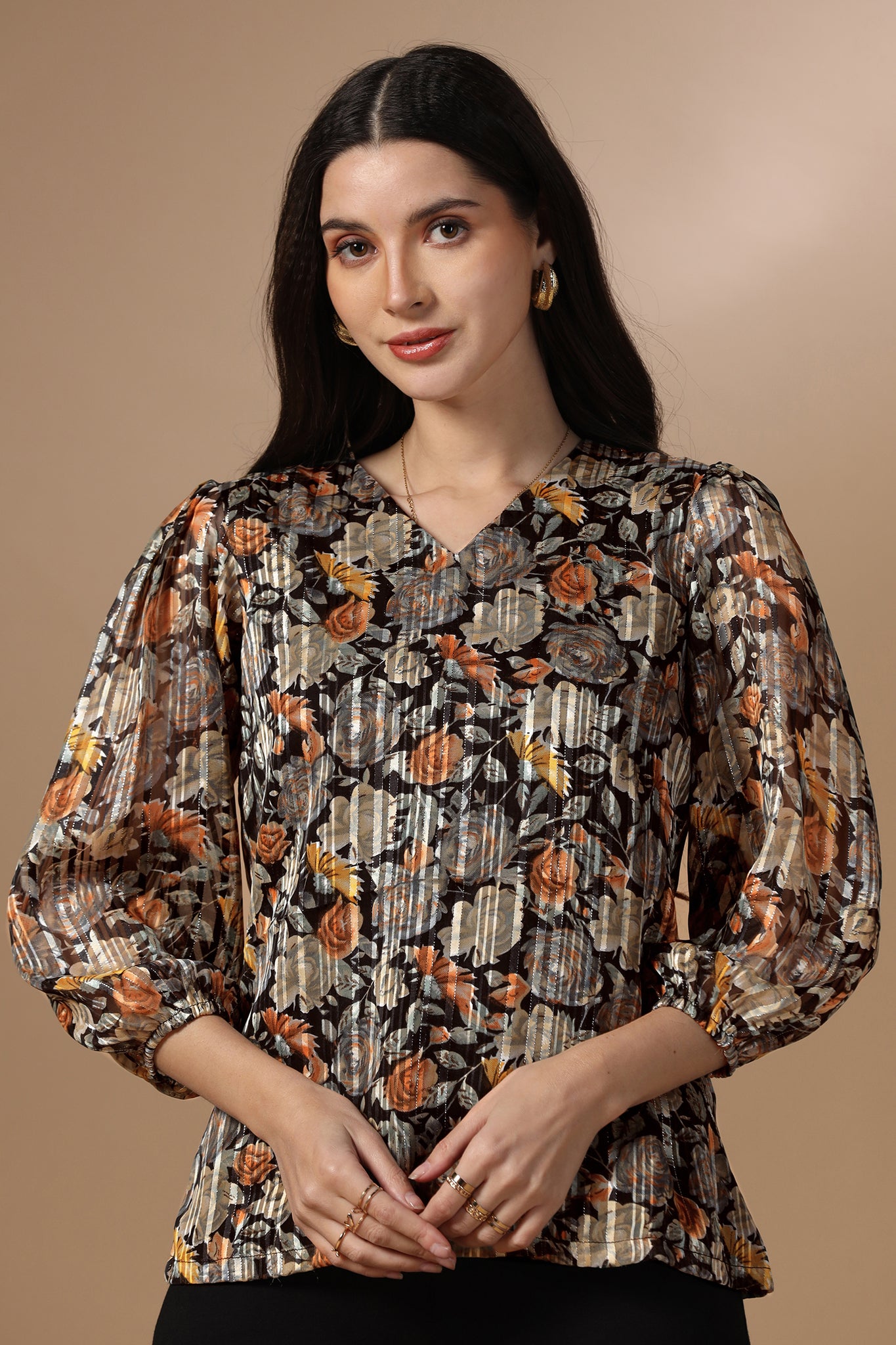 Womens Black Georgette Floral Printed Hip Length Top