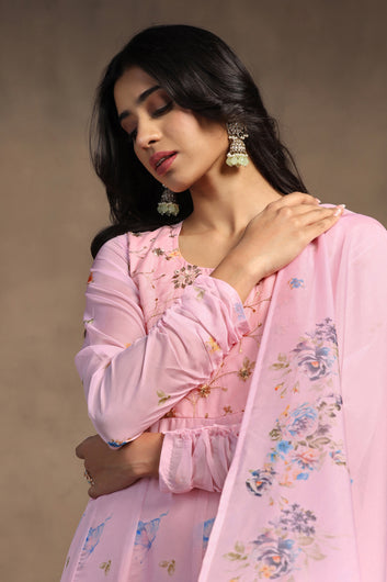 Womens Powder Pink Organza Floral Printed Maxi Length Anarkali Kurta And Trouser With Dupatta Set