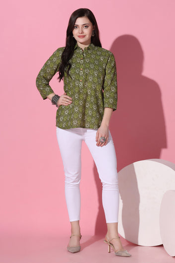 Womens Mehendi Cotton All-over Printed Shirt Style Top