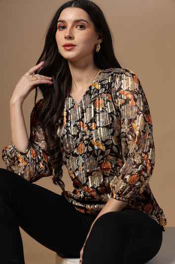 Womens Black Georgette Floral Printed Hip Length Top