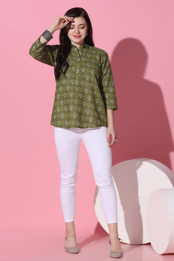 Womens Mehendi Cotton All-over Printed Shirt Style Top